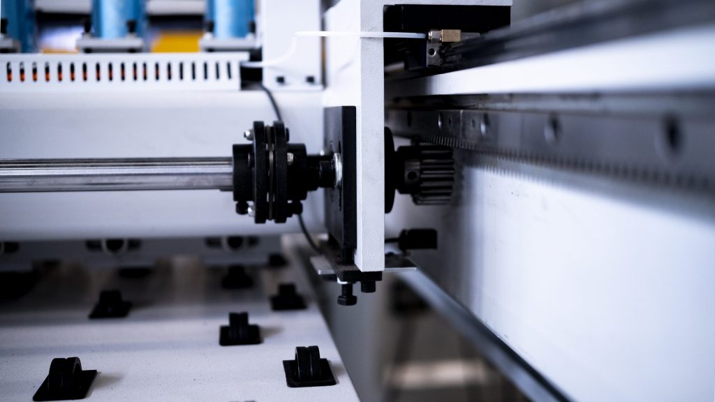 Close-up of rack and pinion drive system on EP Series CNC beam saw UK