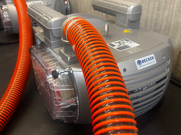 Becker 250m3/hr vacuum pumps supplying multi-zone matrix table on EK Series CNC nesting router UK and Ireland