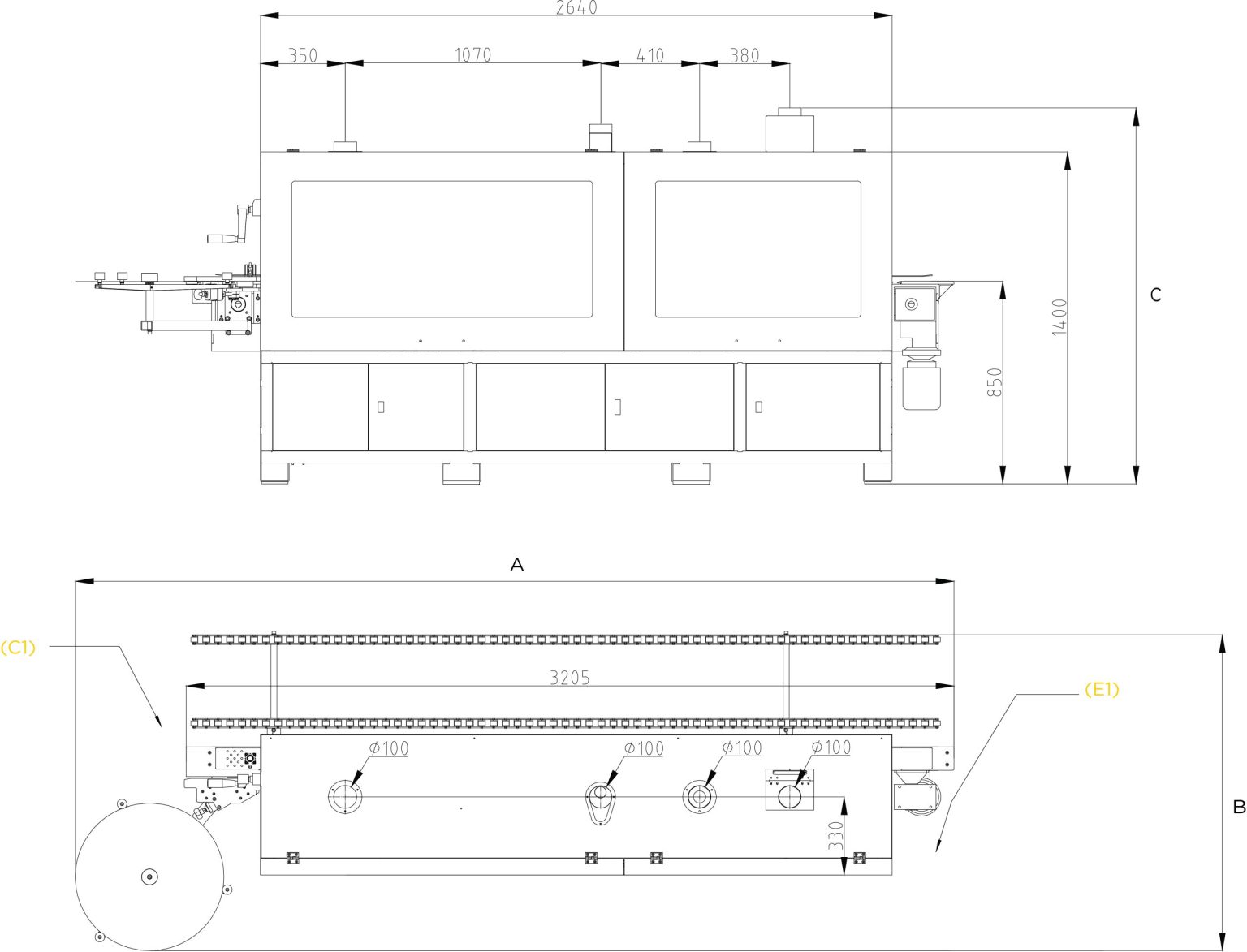 PowlTech PE3 compact edgebander floor plan with external dimensions for UK installation